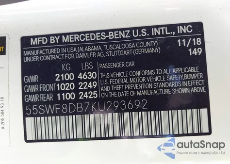2019 Mercedes-Benz C 300 z USA, uszkodzony, nr VIN 55SWF8DB7KU293692
